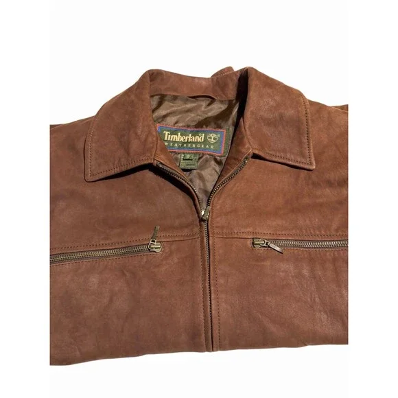 Timberland Rugged Durable 100% Genuine Leather Jacket Men's Size Small Tan Brown